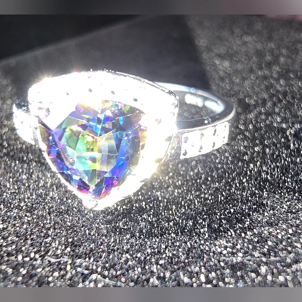 Mystic Topaz Rainbow Trilliant (Trillion) Cut 925 Sterling Silver Ring Pave